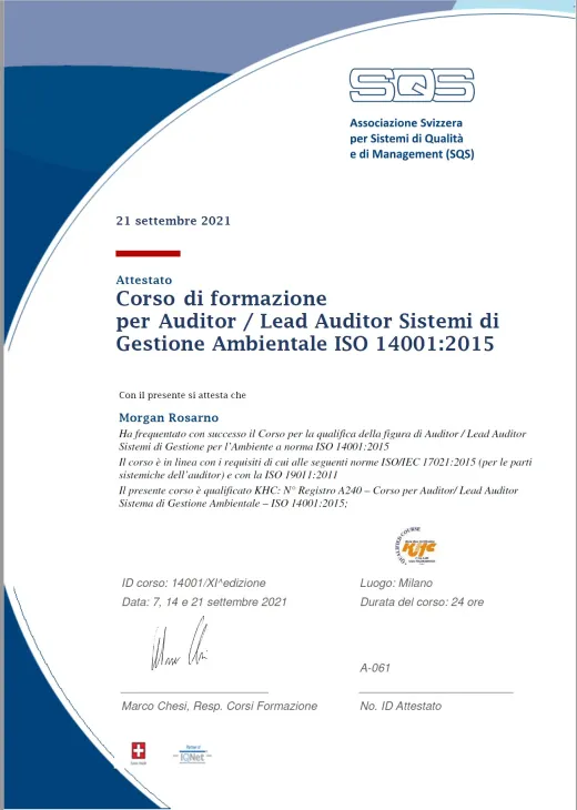 Attestato SQS Auditor / Lead Auditor ISO 14001:2015