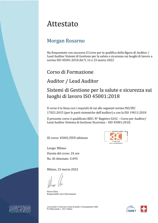 Attestato SQS Auditor / Lead Auditor ISO 45001:2018