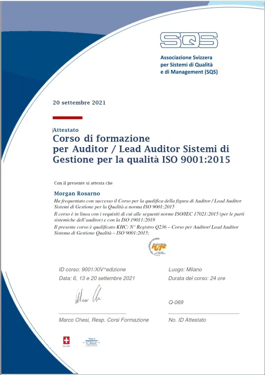 Attestato SQS Auditor / Lead Auditor ISO 9001:2015