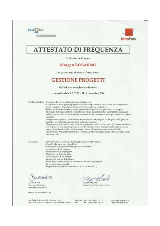 Attestato di frequenza del corso Gestione progetti, InnoPark Svizzera