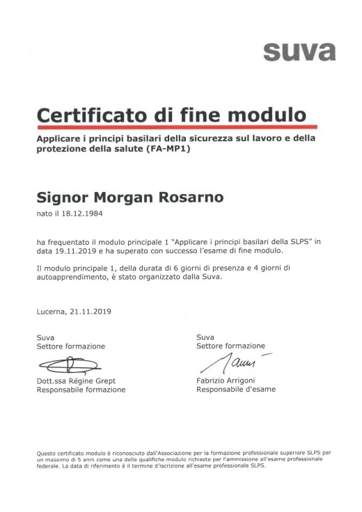 Certificato Suva di fine modulo FA-MP1
