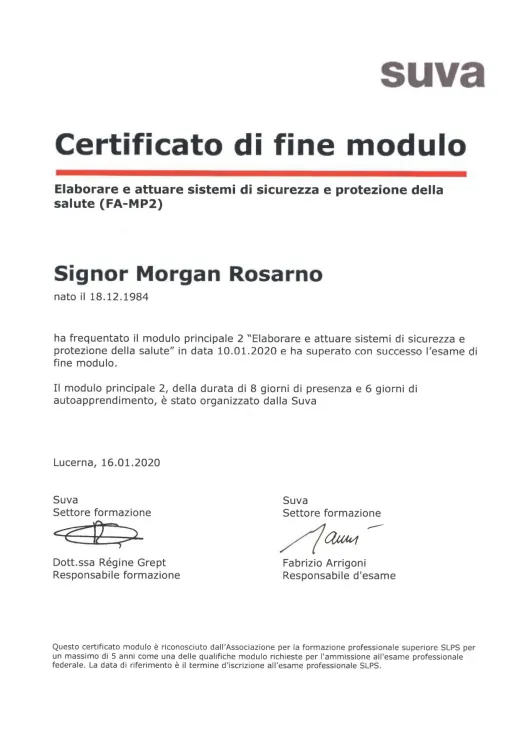 Certificato Suva di fine modulo SLPS