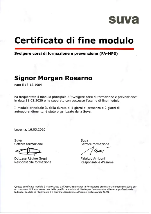 Certificato Suva di fine modulo FA-MP3