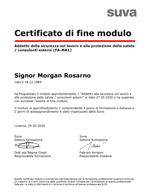 Certificato Suva di fine modulo FA-MA1