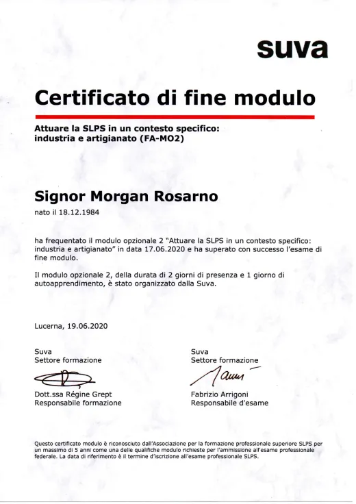 Certificato Suva di fine modulo FA-MO2